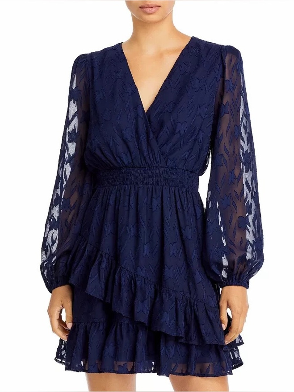 Aqua asymmetrical v neck faux wrap ruffle butterfly navy blue dress sheer lace